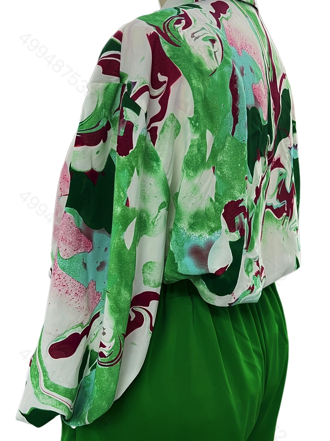 Two Piece Set: Print Button-Up Blouse & Wide Leg Pants