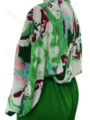 Two Piece Set: Print Button-Up Blouse & Wide Leg Pants