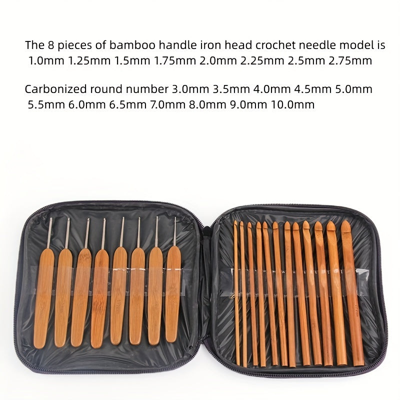 20pcs Set Carbonized Bamboo Handle Round Crochet DIY Wool Thread Weaving Tool