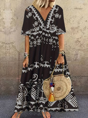 Boho Dress Women's Plus Geometric Print V Neck Short Sleeve Maxi Dress