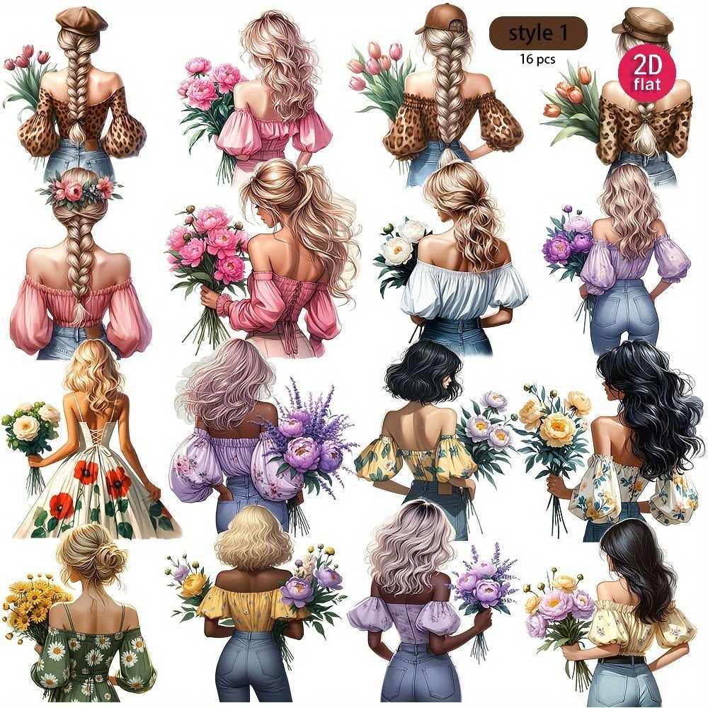 Floral Back Girl Journaling Stickers - DIY Craft Supplies