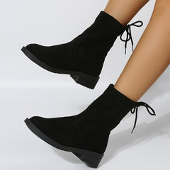Women's Low Block Heel Ankle Boots Lace-Up Slip-On Round Toe Short Boots