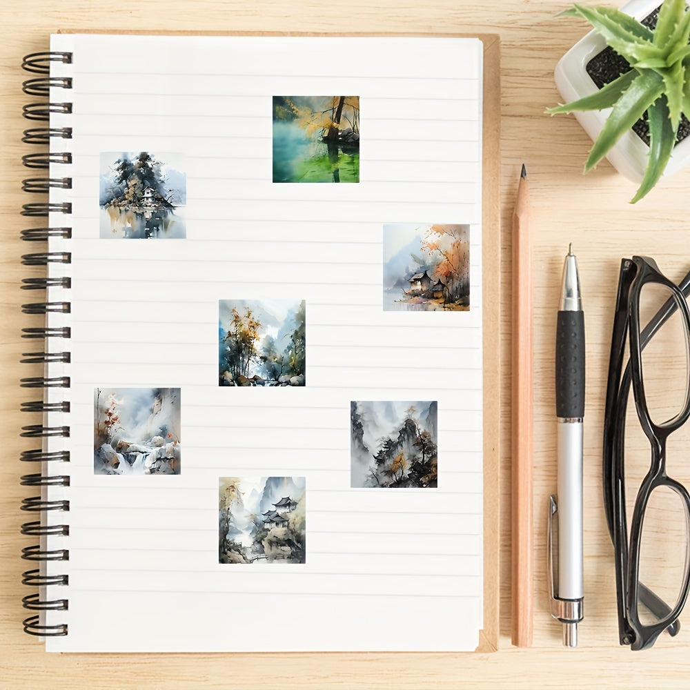 54pcs Watercolor Landscape Cartoon Stickers, Decorative Waterproof Game Stickers
