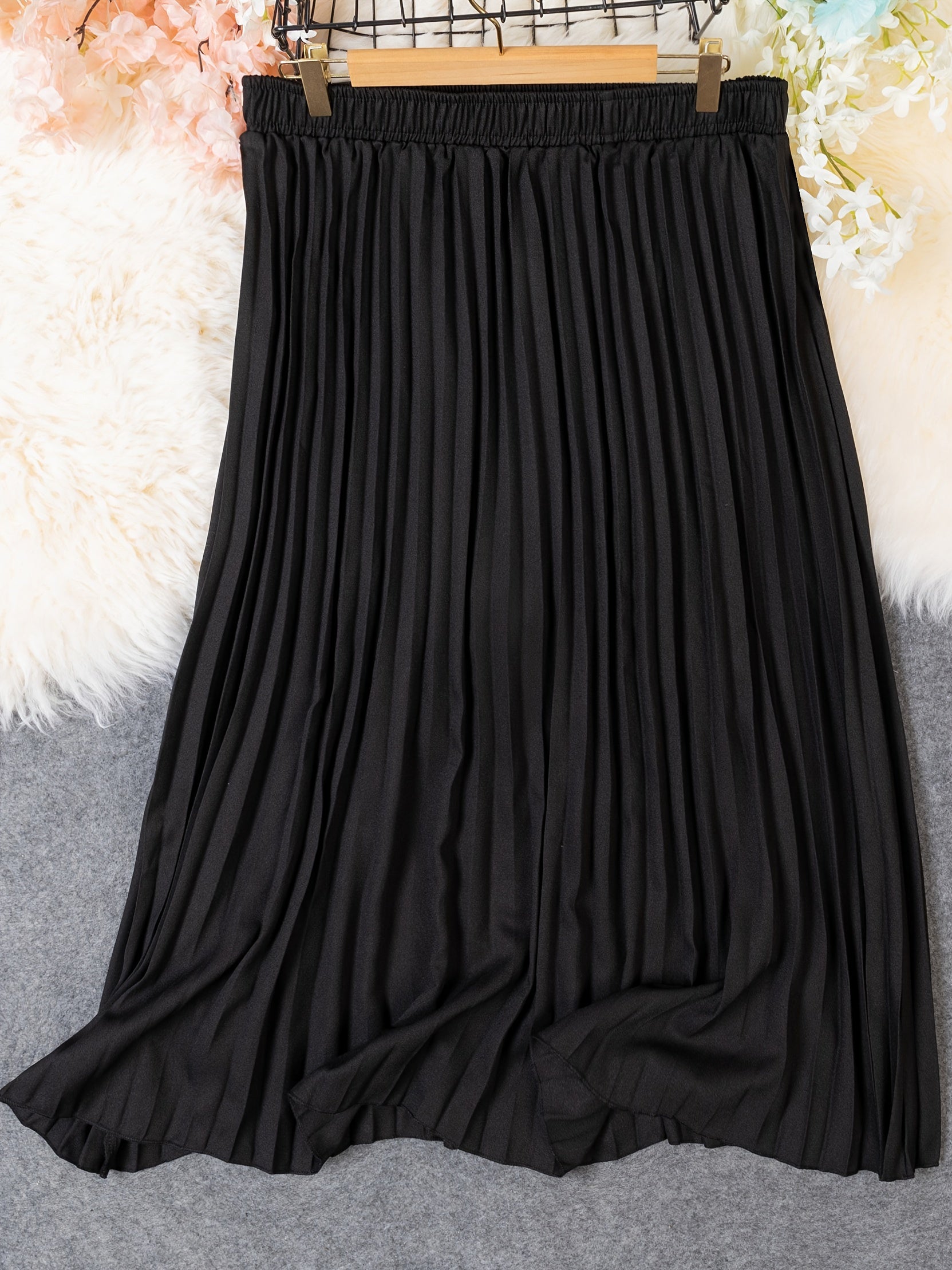 Solid Elastic High Rise Pleated Maxi Skirt