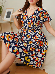 Graphic Print Ruffle Trim Cap Sleeve Mini Dress Plus Size
