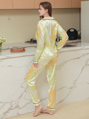 Colorblock Satin Pajama Set Long Sleeve Top & Pants Women's Sleepwear