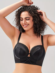 Floral Jacquard Full Coverage Criss Cross Underwire Longline Mesh Bra