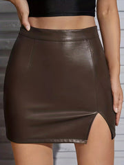 PU Leather Bodycon Pencil Skirts Side Split Mini Skirts