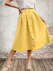 High Waist Button-Up Midi Skirt Solid Casual