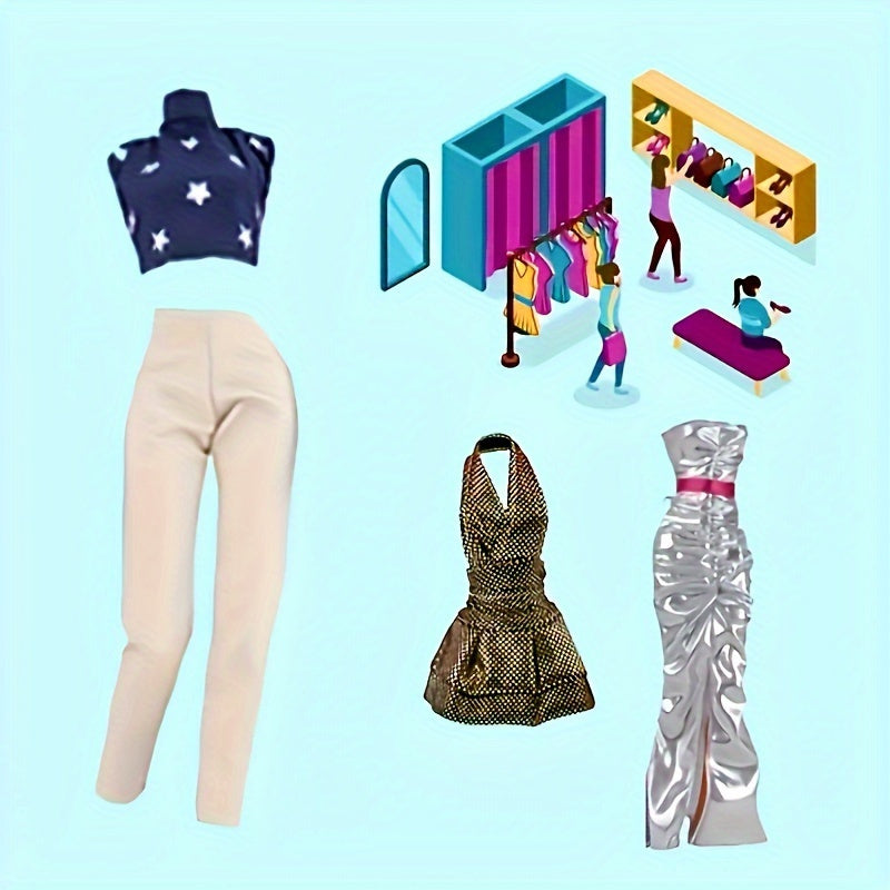 11-Piece Doll Dress Up Set with Gowns, Tops, Pants, Bikinis, Skirts & Hangers