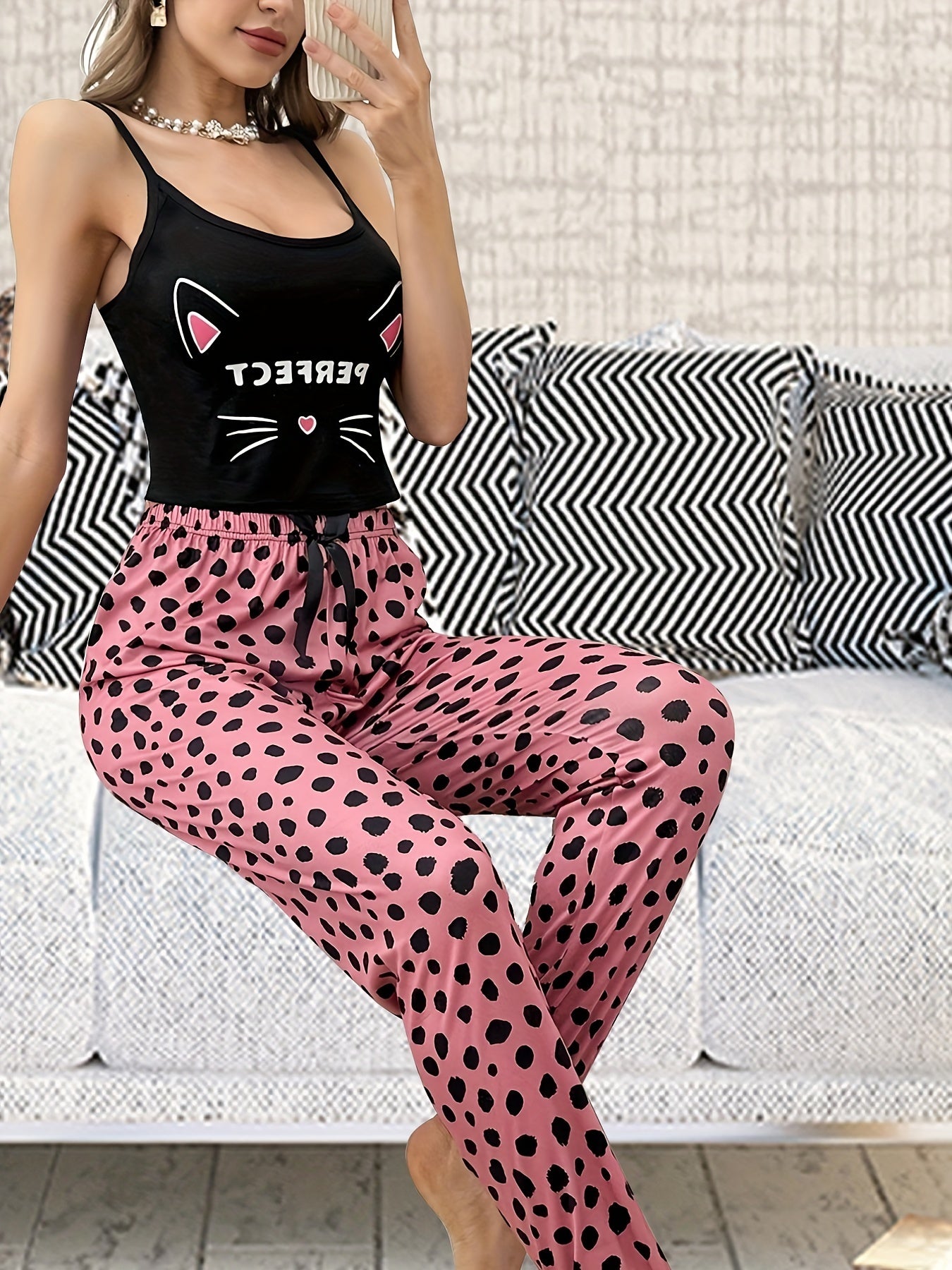 Cat Print Pajama Set Scoop Neck Cami Top & Pants Women's Sleepwear