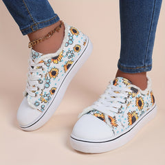 Sunflower Print Canvas Lace Up Sneakers Women