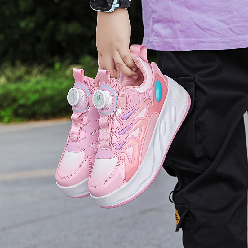 Boy's Roller Shoes with Rotating Buckle Comfy Wheel Skate Sneakers
