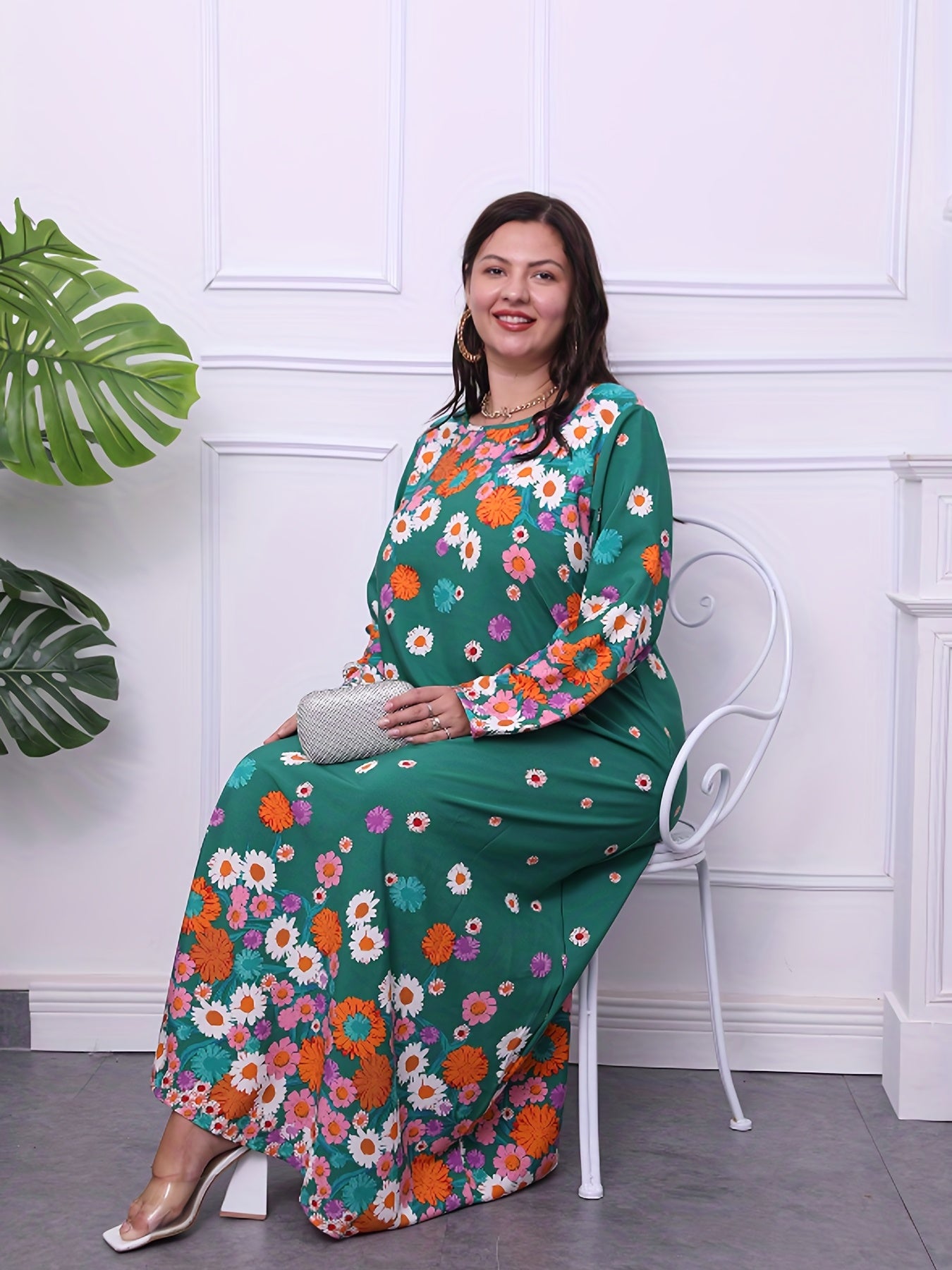 Floral Print Long Sleeve Plus Size Maxi Dress