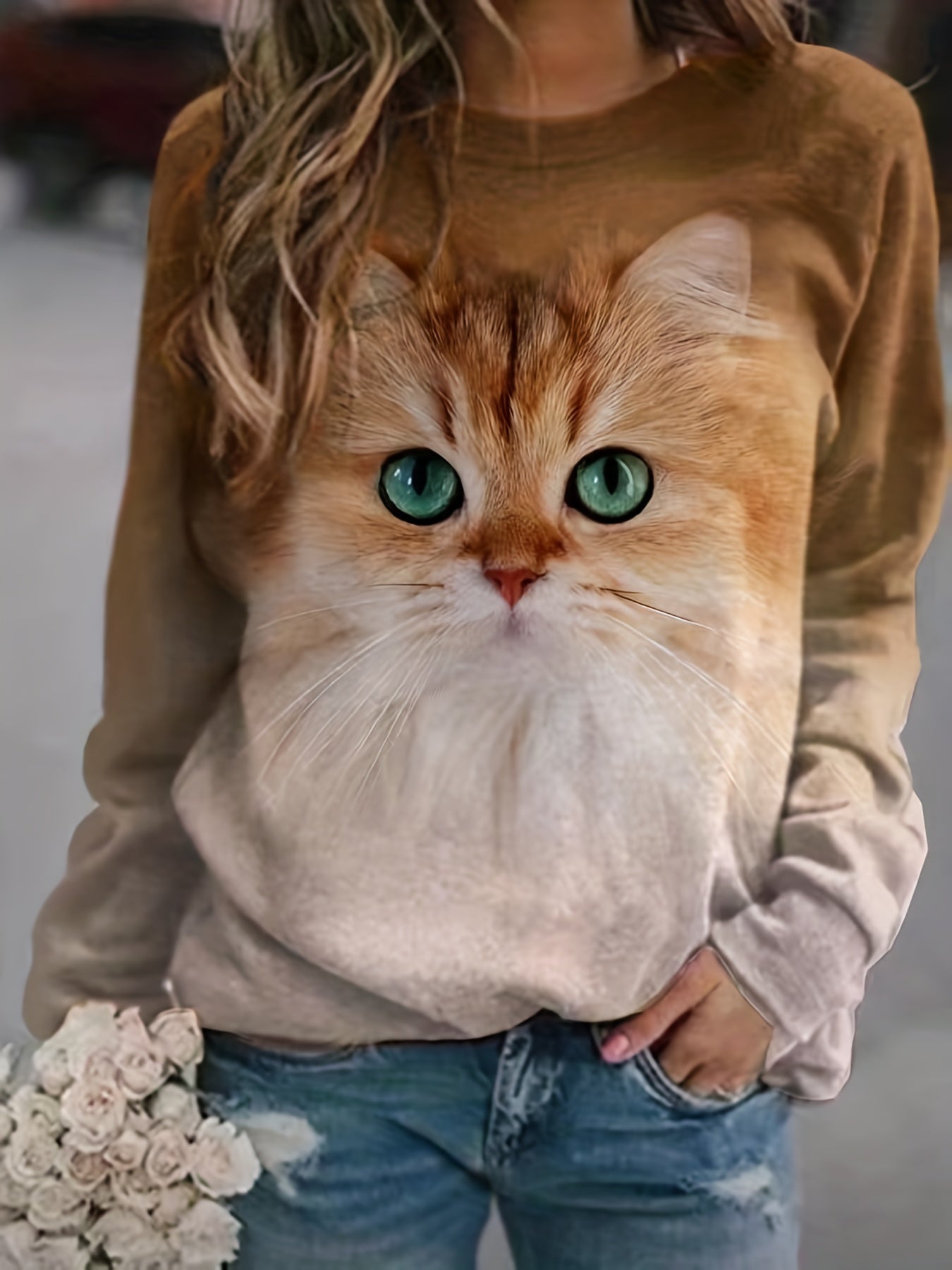 Cat Print Sweatshirt Casual Workout Crew Neck Long Sleeve Sweatshirt