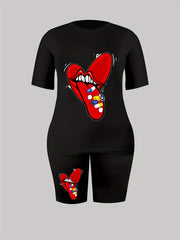 Women's Plus Cartoon Lips & Heart Print Tee & Shorts 2pcs Set