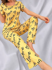 Heart & Letter Print Lounge Set Short Sleeve Top & Pants Women's Sleepwear