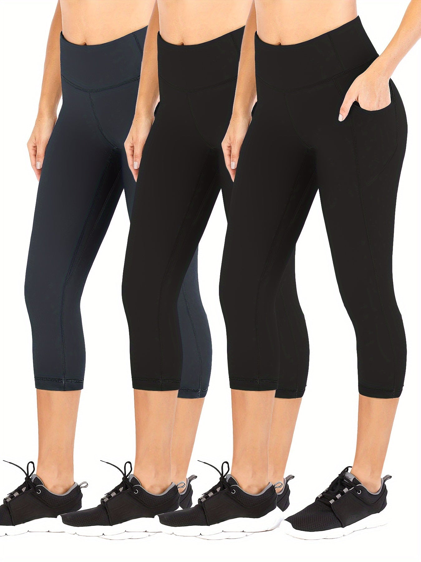3Pcs Slim Fit Capris Yoga Pants Mid Stretch With Side Pocket