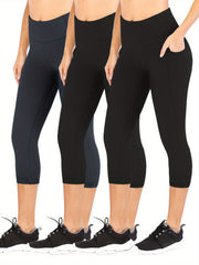 3Pcs Slim Fit Capris Yoga Pants Mid Stretch With Side Pocket