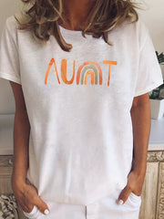 Aunt Letter & Rainbow Print T-shirt Round Neck Short Sleeve Fashionable Tee