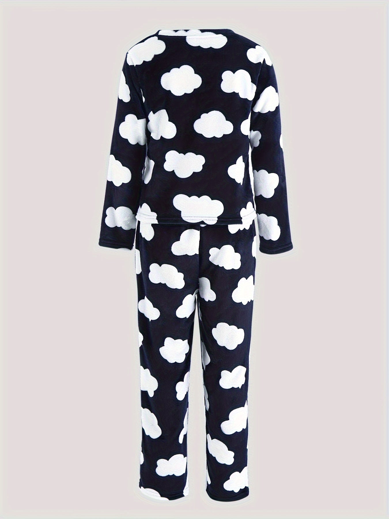 Cloud Print Fuzzy Pajama Set Long Sleeve Crew Neck Top & Elastic Waistband Pants