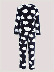 Cloud Print Fuzzy Pajama Set Long Sleeve Crew Neck Top & Elastic Waistband Pants