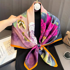 Vintage Block Square Scarf Large Satin Shawl Bandana Women Head Wrap