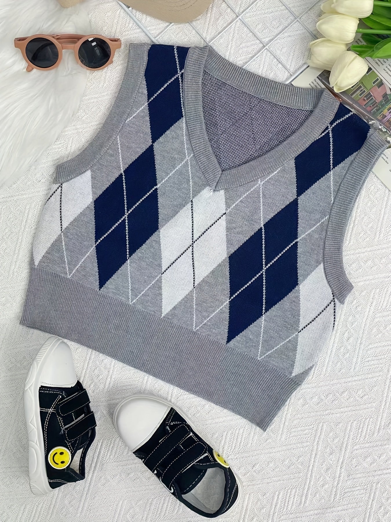 Boys Retro College Style V Neck Knitted Sleeveless Sweater Vest