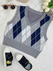 Boys Retro College Style V Neck Knitted Sleeveless Sweater Vest