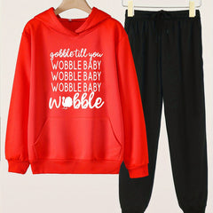 Girls' 2pcs GOBBLE TILL YOU WOBBLE BABY Print Pocket Hoodies Pants Set