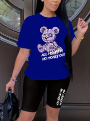 Bear & Letter Print Matching Two piece Set Short Sleeve T shirt & Skinny Shorts