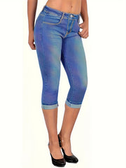 Slim Fit Cropped Jeans Slash Pockets Mid Stretch Capris Denim Pants