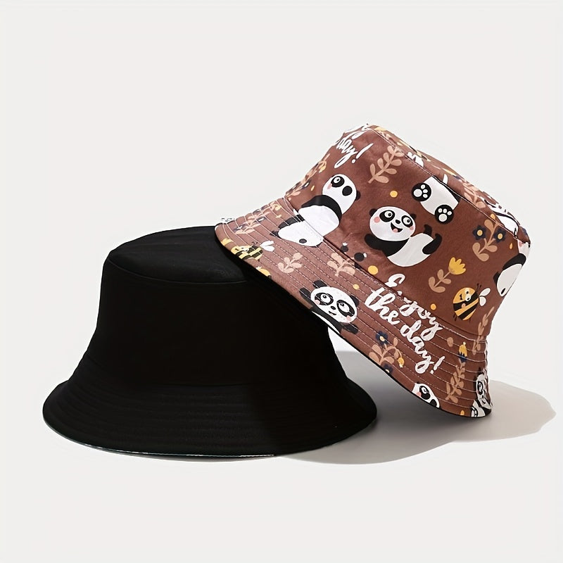 Cartoon Panda Print Bucket Hat Lightweight Sunscreen Cap for Women