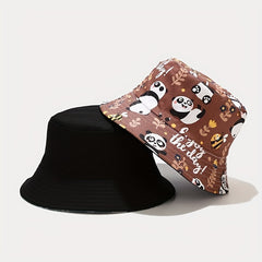 Cartoon Panda Print Bucket Hat Lightweight Sunscreen Cap for Women