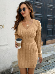 Cable Knit V Neck Bodycon Sweater Dress
