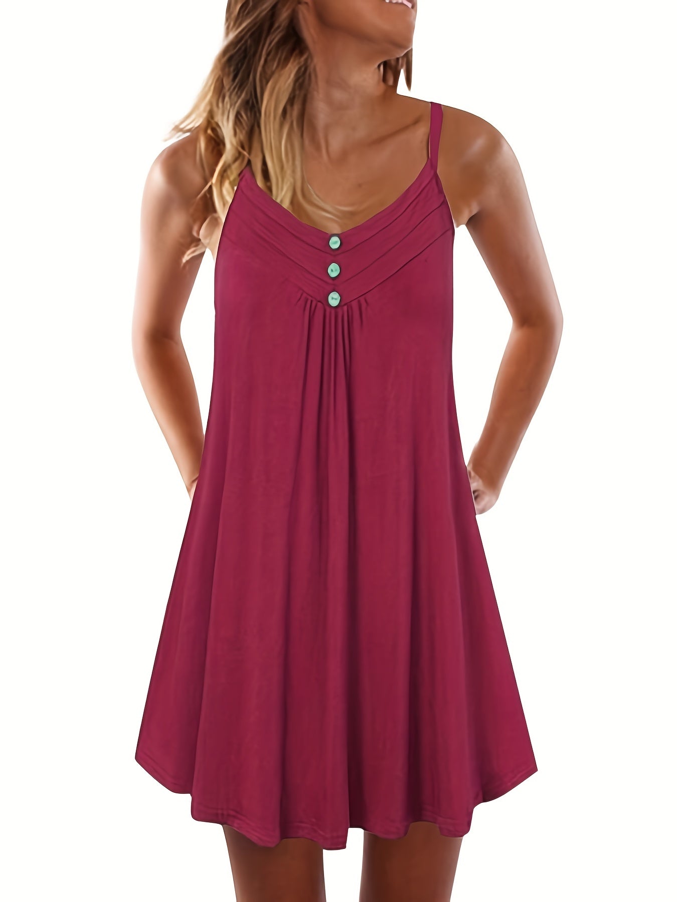 Pleated Spaghetti Dress V Neck Button Front Sleeveless Summer Dress