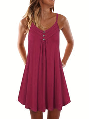 Pleated Spaghetti Dress V Neck Button Front Sleeveless Summer Dress