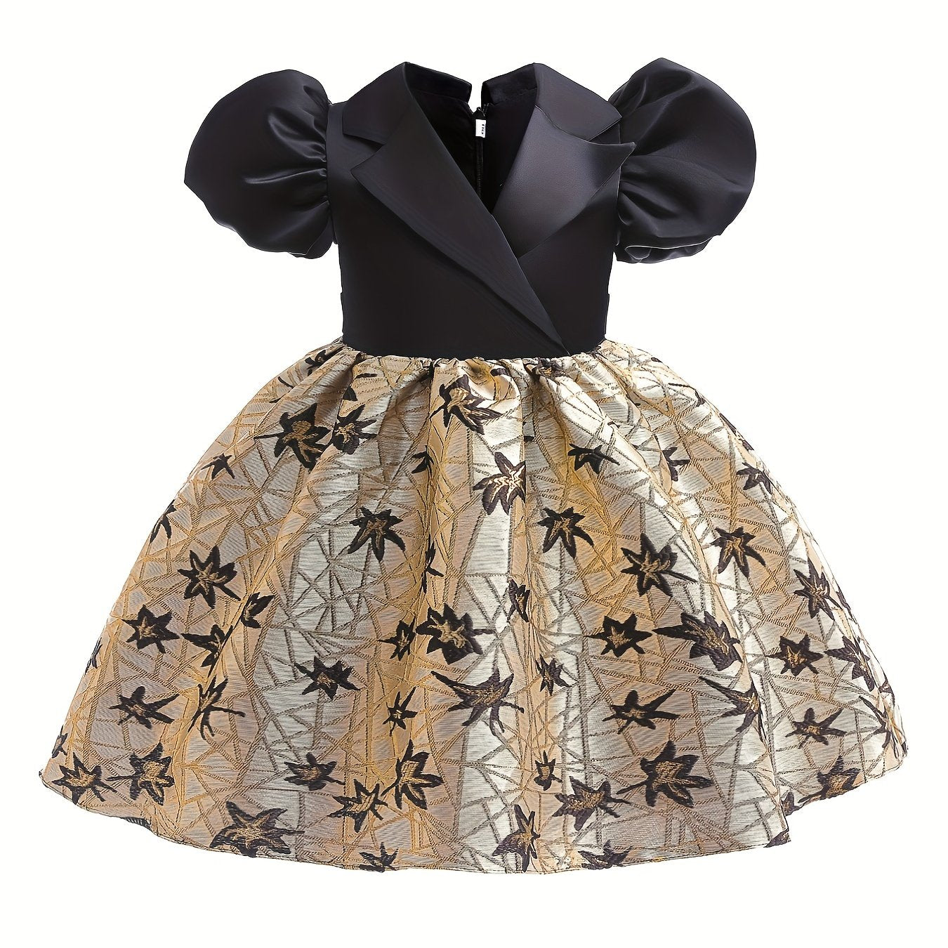 Girls Vintage Jacquard Puff Sleeve Dress