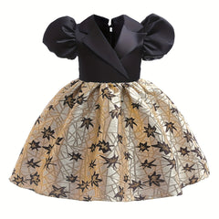 Girls Vintage Jacquard Puff Sleeve Dress