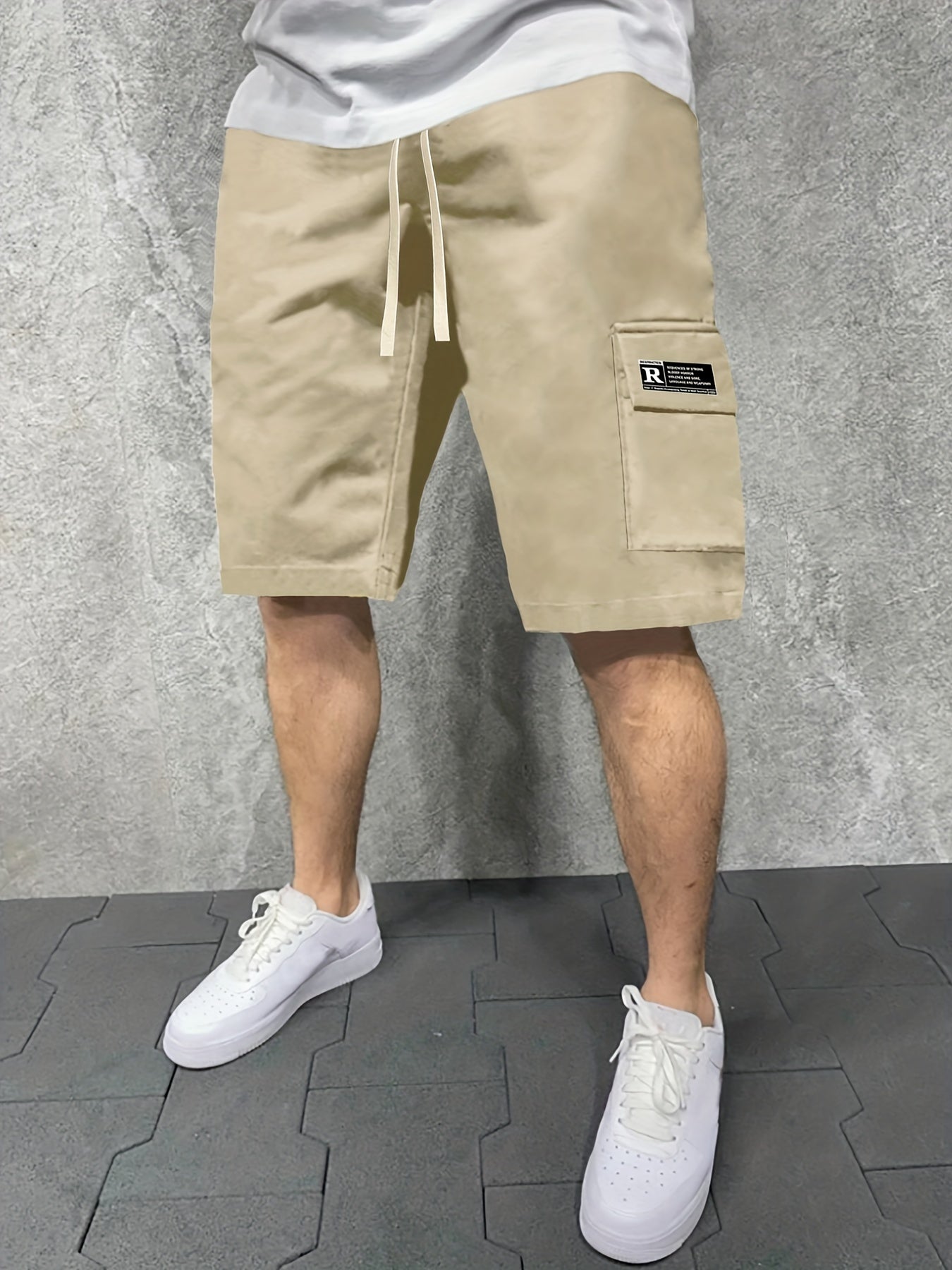Letter Print Cargo Shorts Men's Casual Pocket Waist Drawstring Cargo Shorts