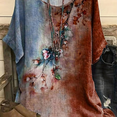 Floral Print Short Sleeve Round Neck Split Top