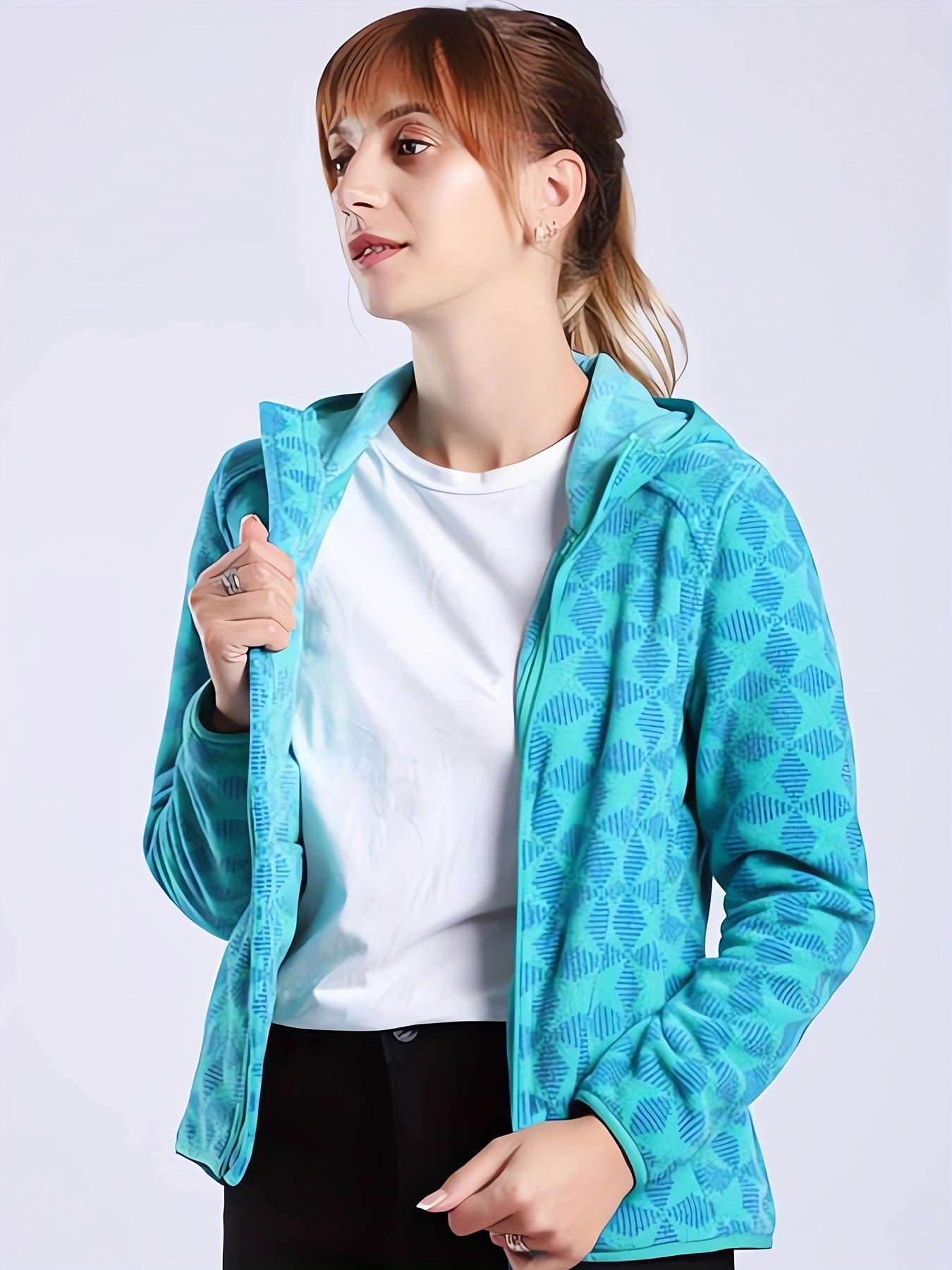 Women's Outdoor Print Fleece Hooded Jacket Zipper Up