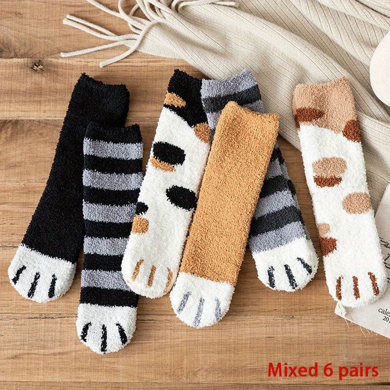 6 Pairs Cat Claw Fuzzy Socks Comfy & Warm Mid Tube Socks Women's Stockings