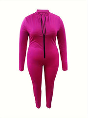 Plus Size Solid Zipper Long Sleeve Skinny Jumpsuit