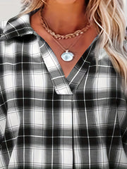 Plaid Print Roll Up Sleeve Button Up Blouse