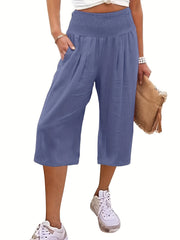 Solid Shirred Wide Leg Capris Pants Casual Loose Pants