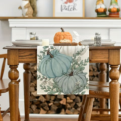 Autumn Eucalyptus Leaf Pumpkin Linen Table Runner