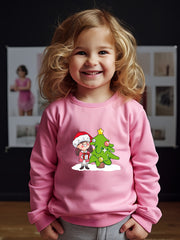 Christmas Girl And Tree Print Sweatshirt Long Sleeve Crew Neck Tops