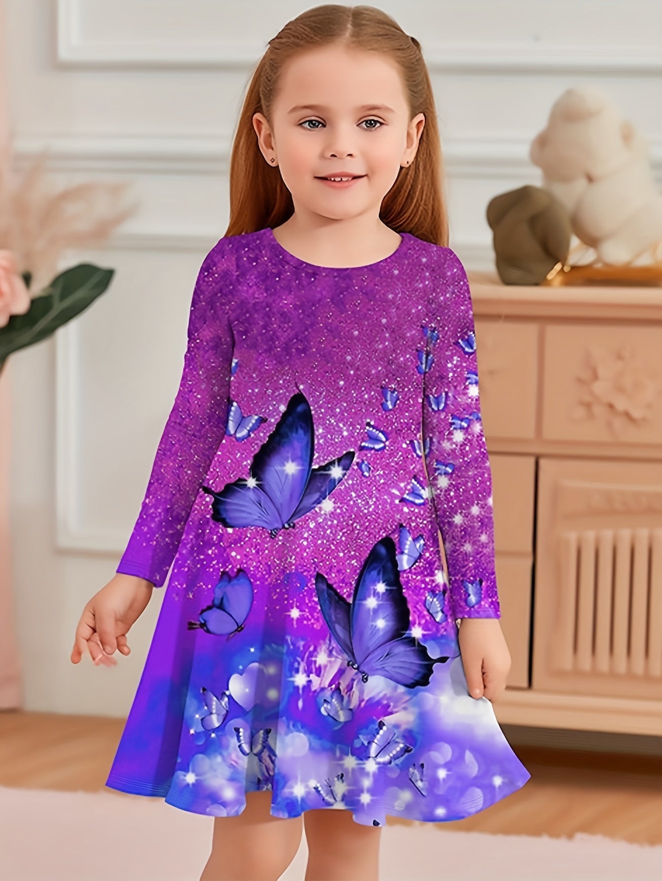 Girls Butterfly Print Long Sleeve Dress Spring Fall Gift Party