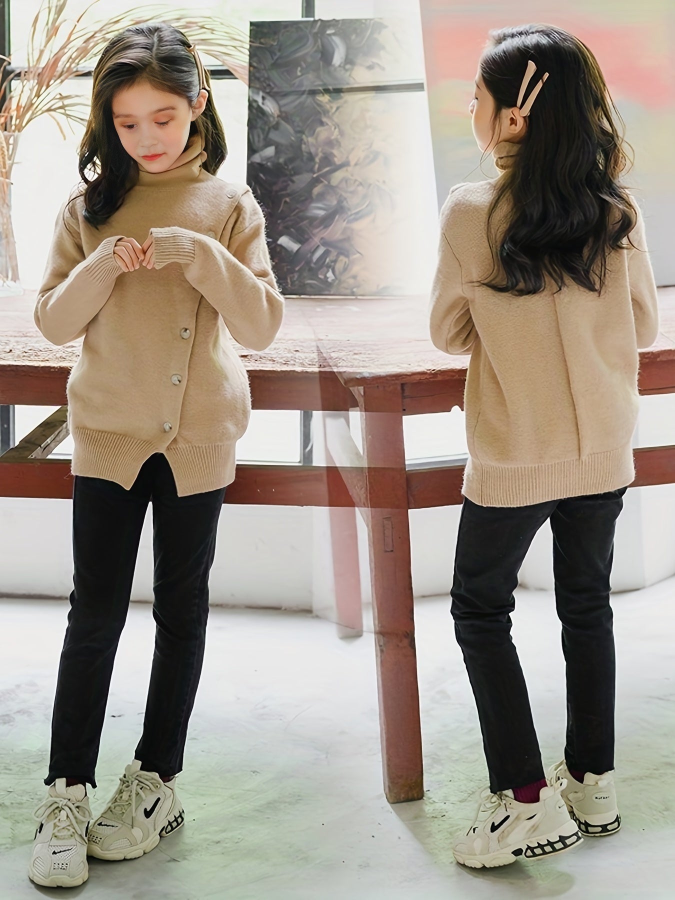 Girls Knitted High Neck Sweater Button Warm Pullover for Fall Winter Party